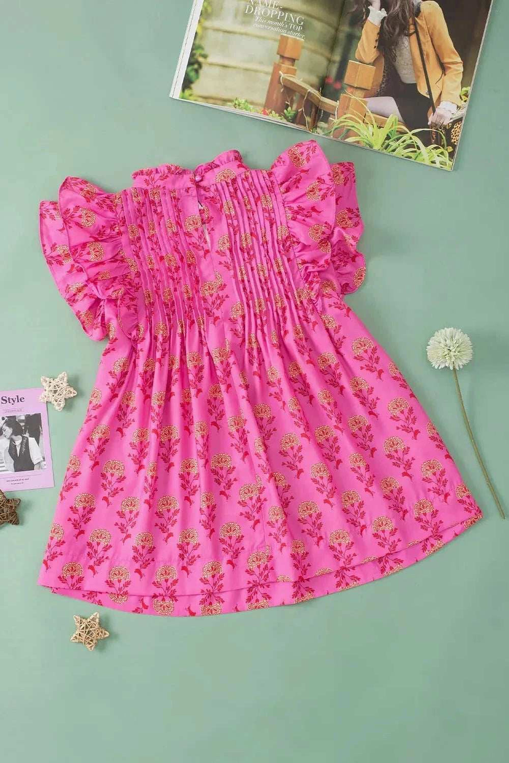 Ruffled Printed Mock Neck Cap Sleeve Blouse - Trendsi - Flyclothing LLC