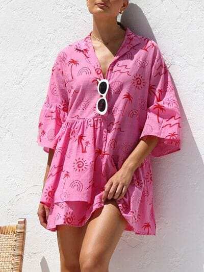 Button Detail Ruffled Hem Printed Mini Dress - Trendsi - Flyclothing LLC