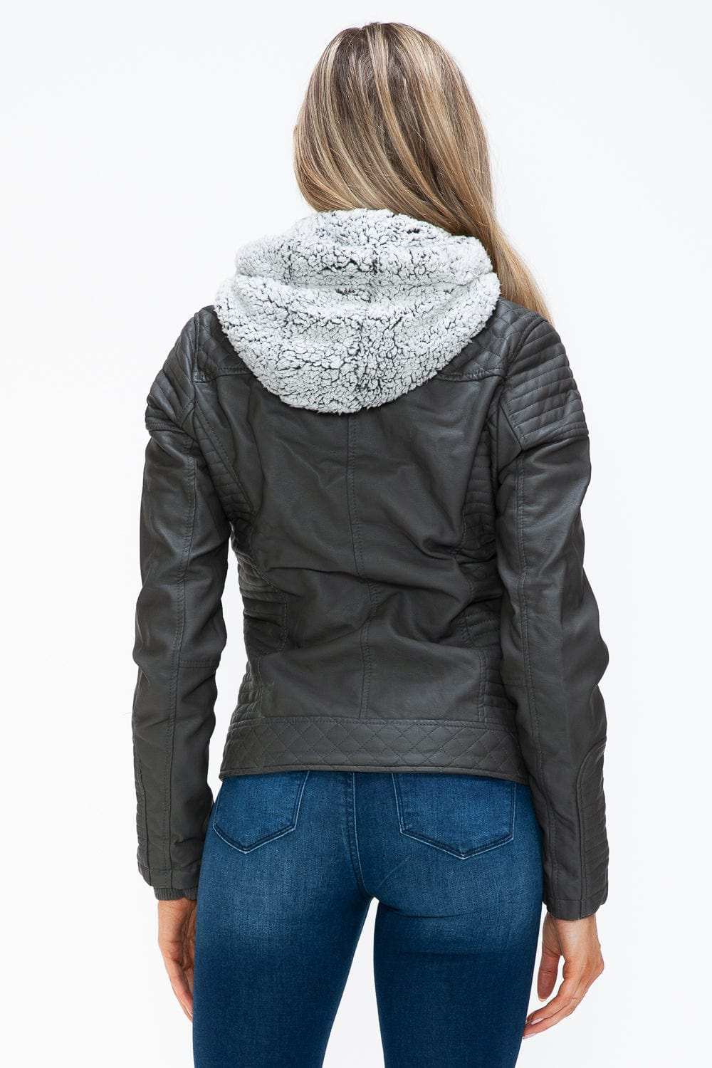 YMI Faux Layered Double-Zipper Jacket with Fuzzy Hood - Trendsi - Flyclothing LLC