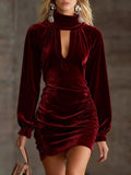Full Size Velvet Ruched Flounce Sleeve Mini Dress Plus Size - Trendsi - Flyclothing LLC