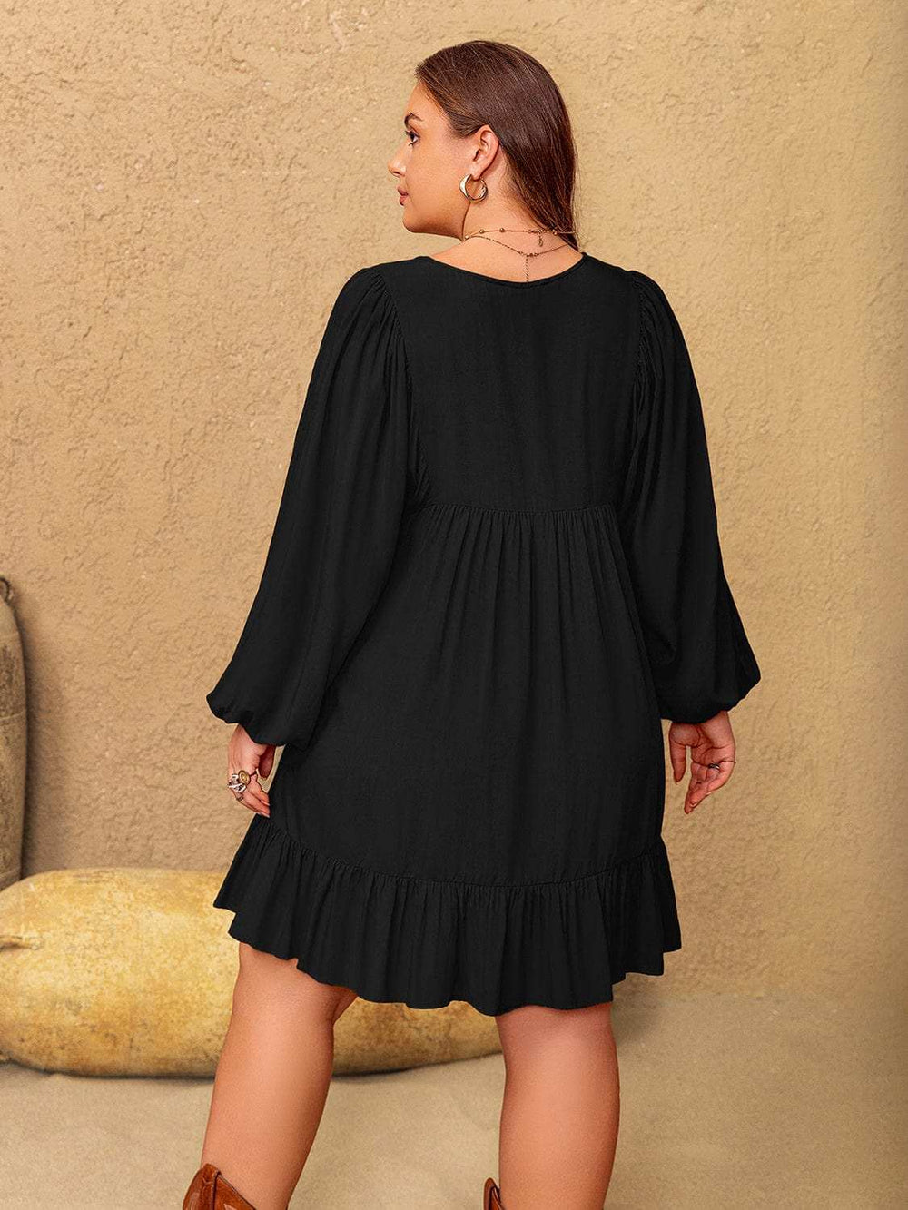 Plus Size Embroidered Tie Neck Long Sleeve Mini Dress - Trendsi - Flyclothing LLC