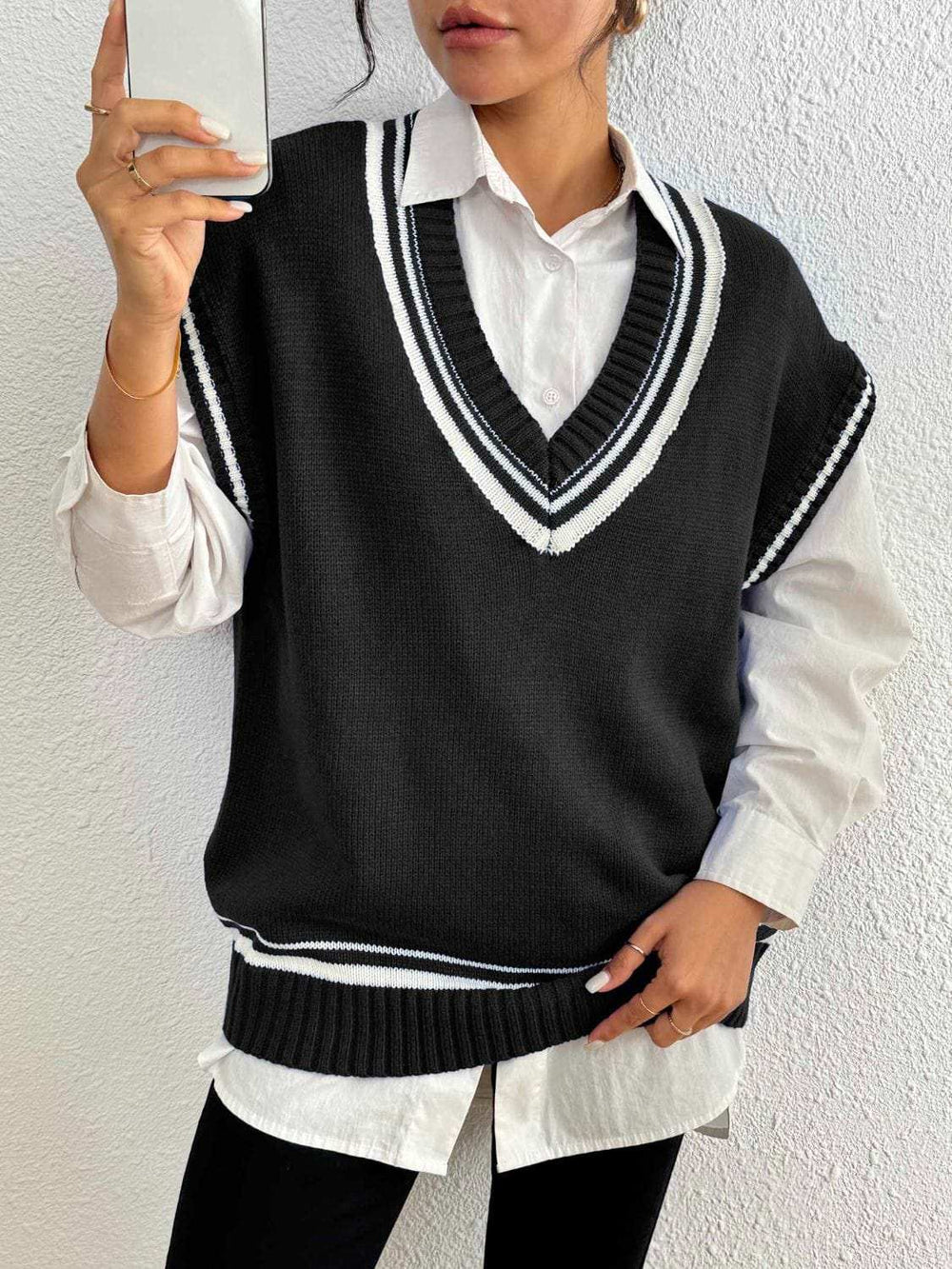 Contrast Trim V-Neck Sweater Vest - Trendsi - Flyclothing LLC