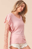 BiBi Ruffled Lace Sleeve Rib Knit Top - Trendsi - Flyclothing LLC