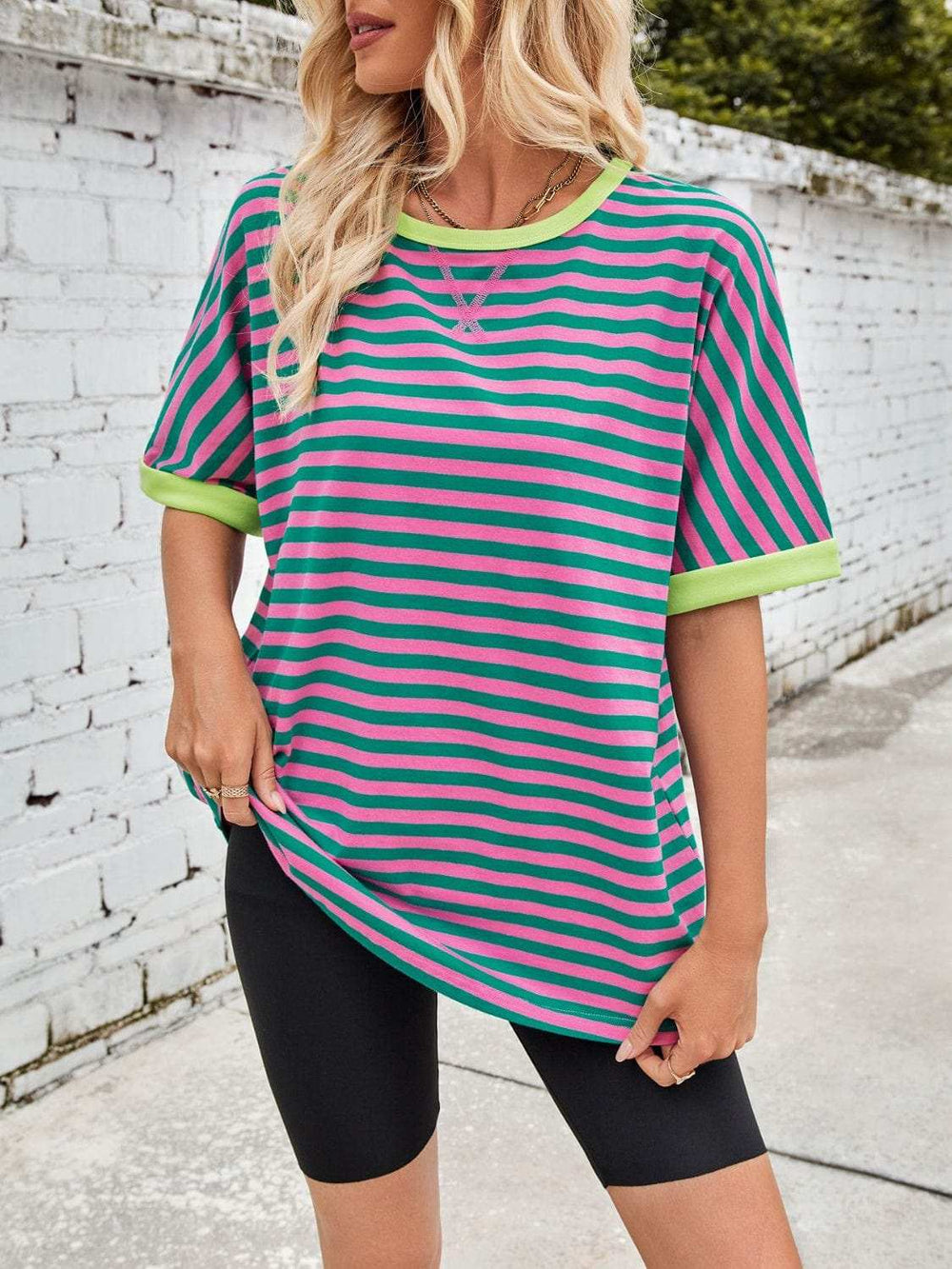 Lovelet Striped Round Neck Half Sleeve T-Shirt - Trendsi - Flyclothing LLC