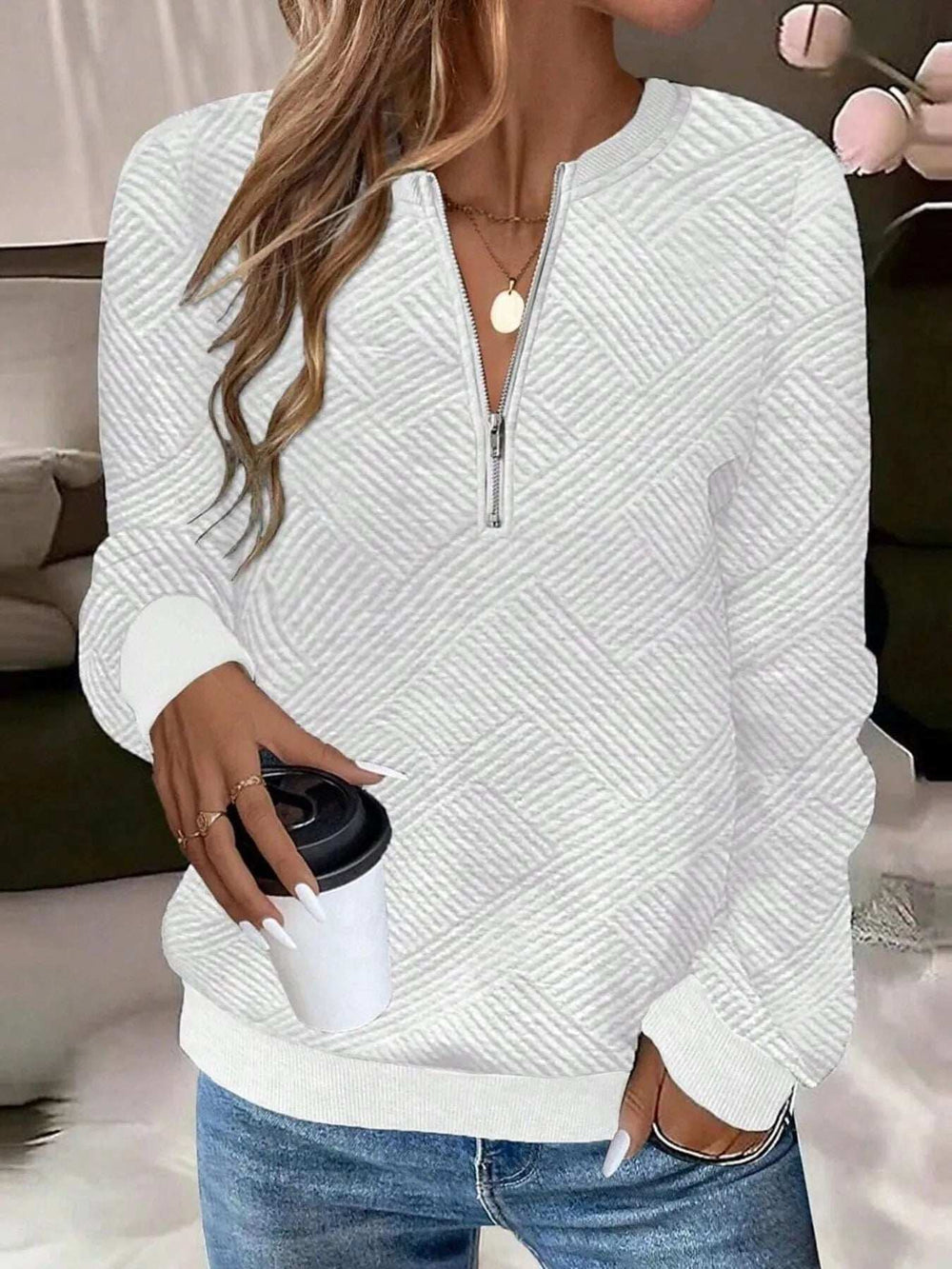 Quarter Zip Textured Long Sleeve Sweatshirt - Trendsi - Flyclothing LLC