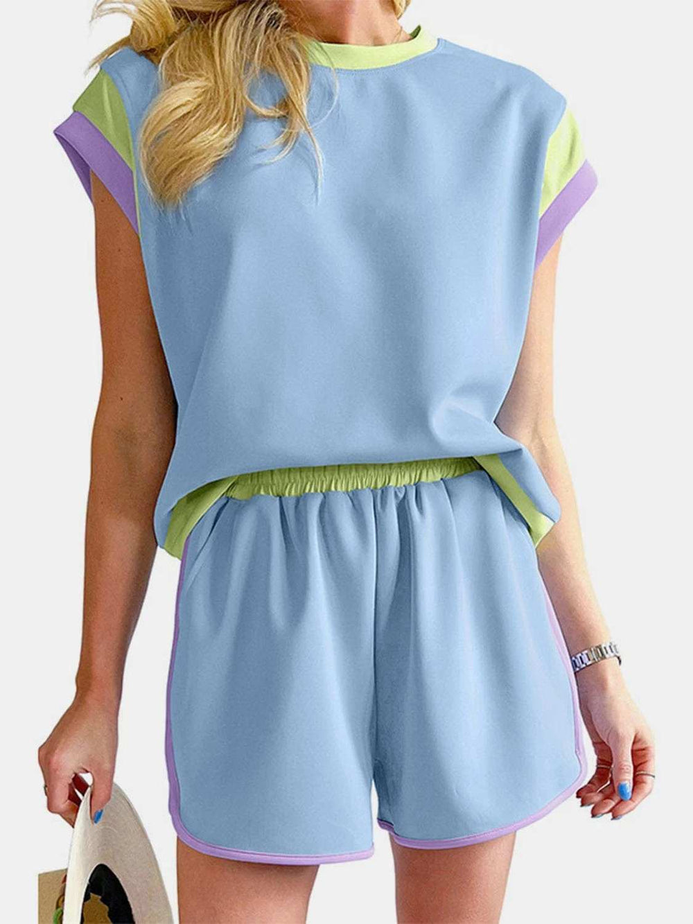 Contrast Round Neck Top and Shorts Set - Trendsi - Flyclothing LLC
