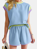 Contrast Round Neck Top and Shorts Set - Trendsi - Flyclothing LLC