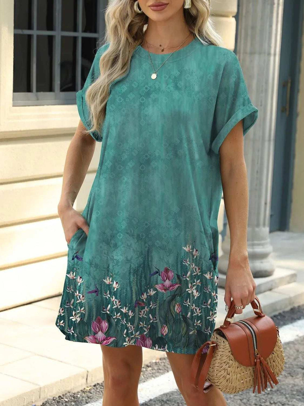 Printed Round Neck Short Sleeve Mini Dress - Trendsi - Flyclothing LLC