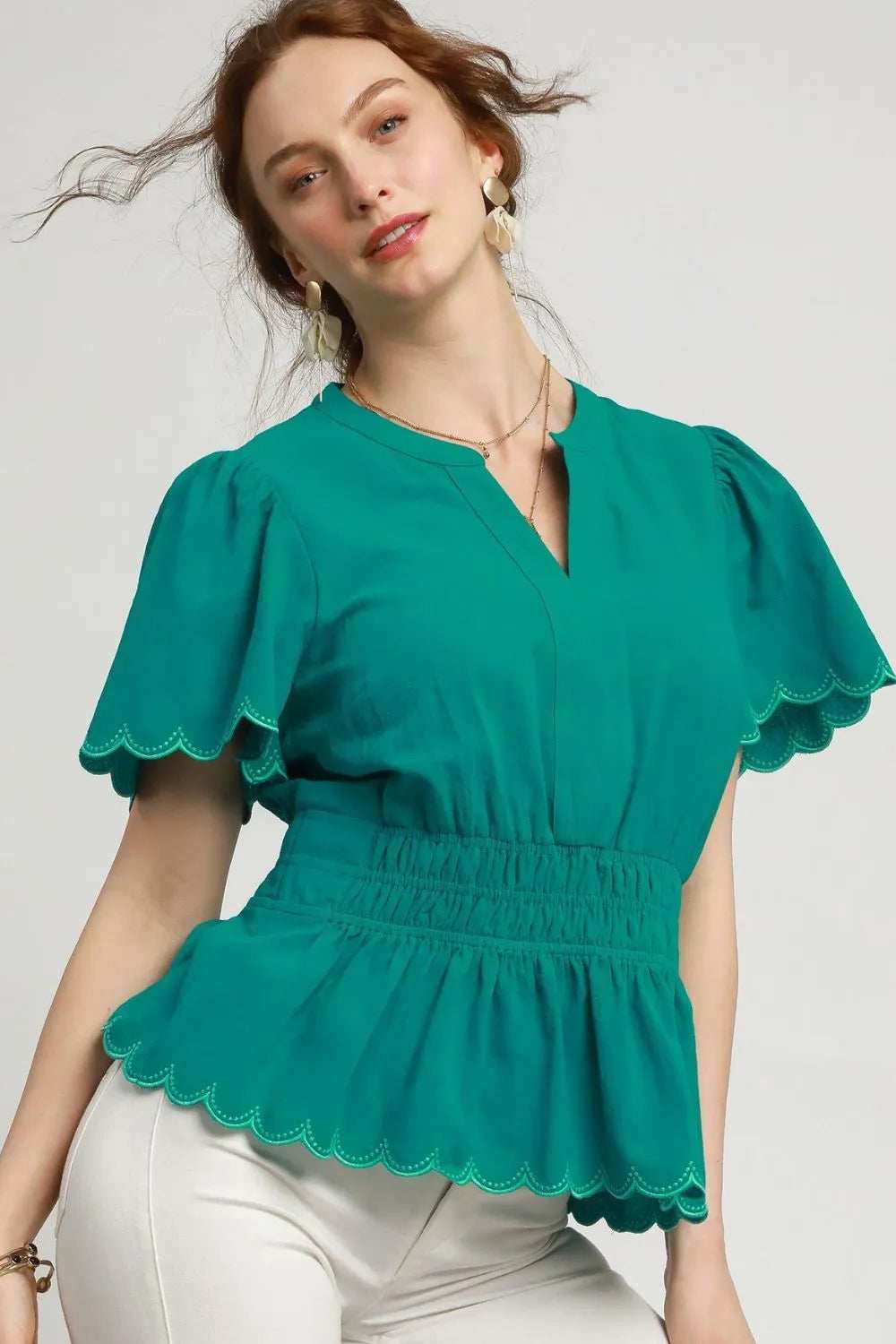 Umgee Scalloped Edge Flutter Sleeve Blouse - Trendsi - Flyclothing LLC