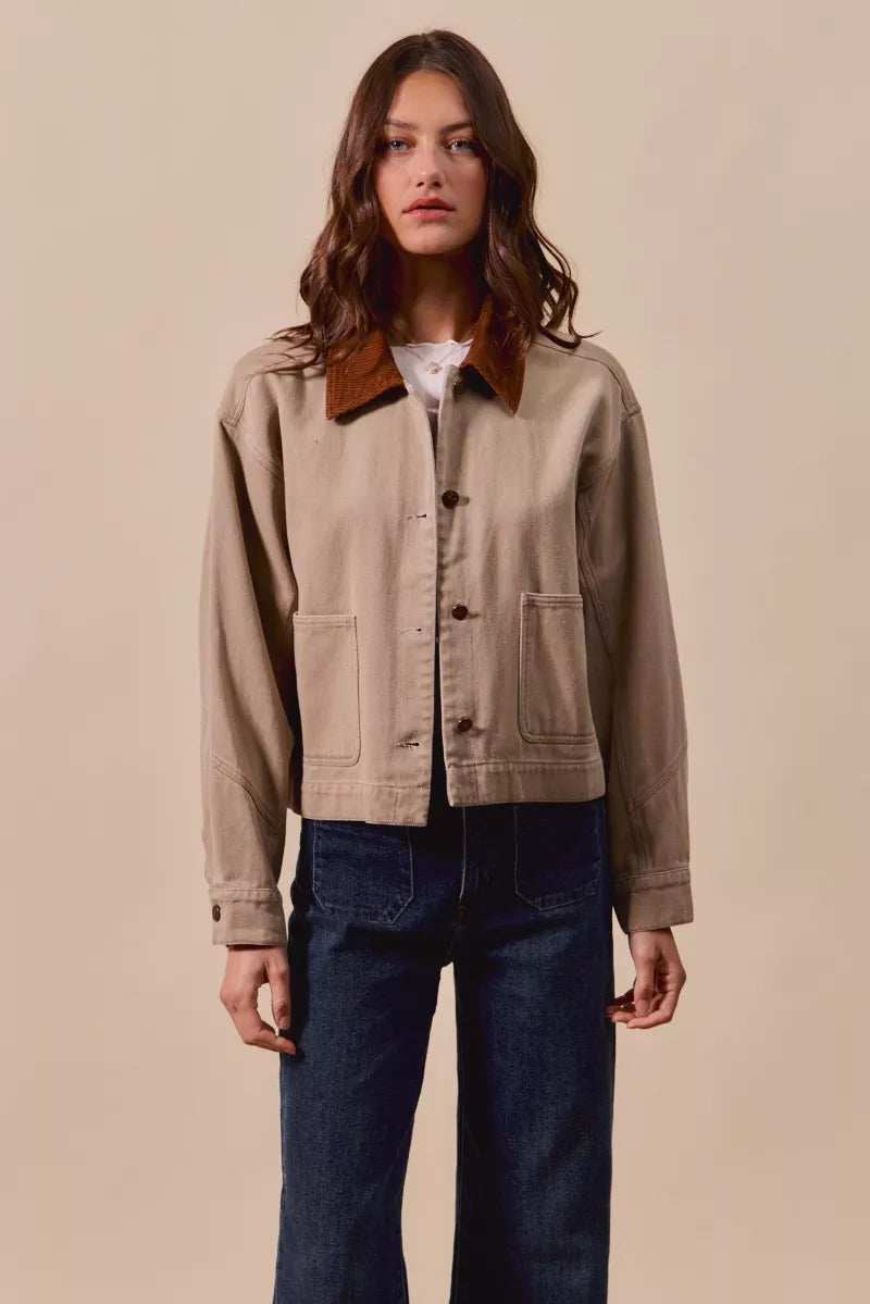 SO ME Cotton Twill Cropped Barn Jacket wtih Collar - Trendsi - Flyclothing LLC