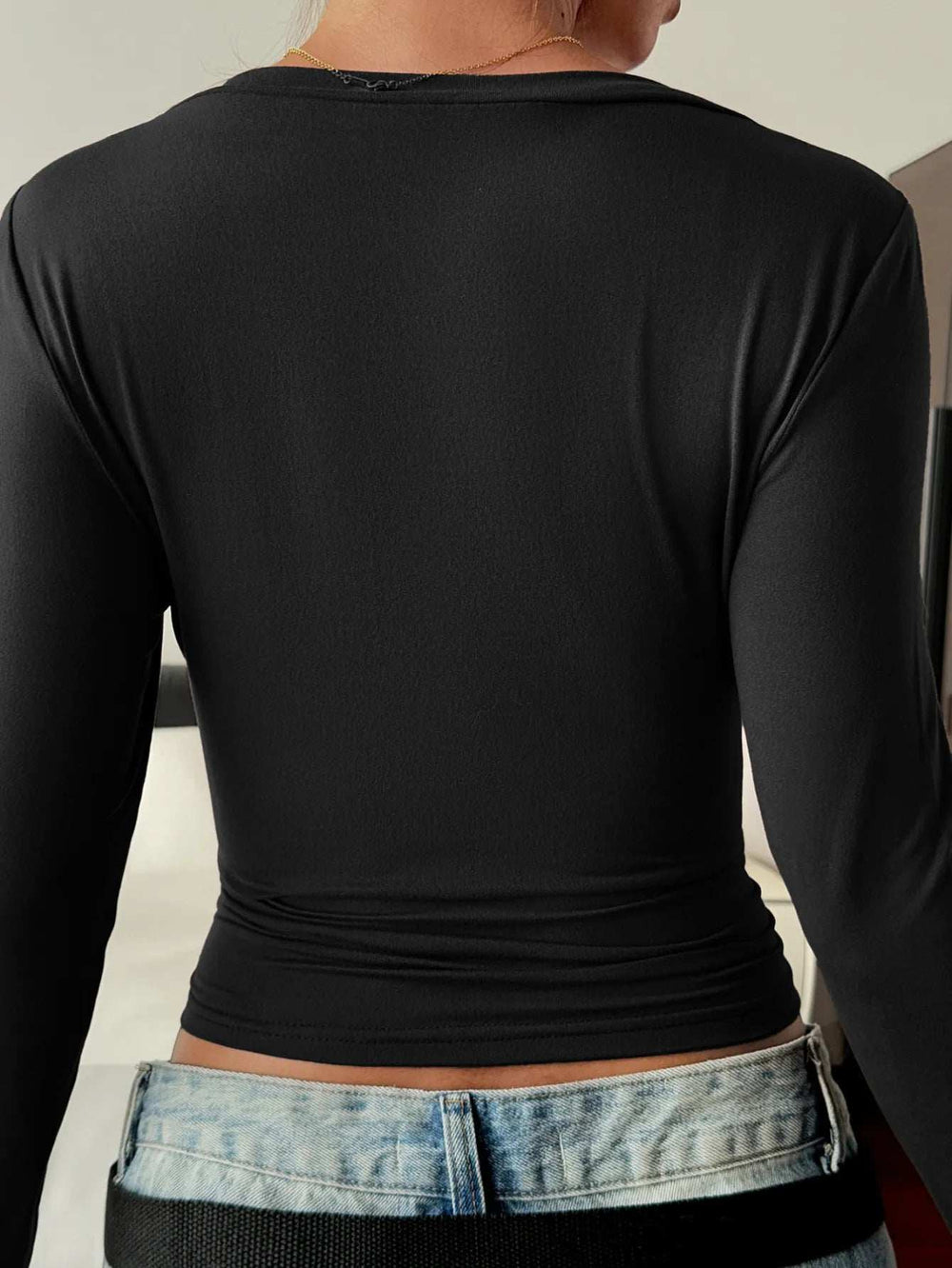 V-Neck Long Sleeve Fitted T-Shirt - Trendsi - Flyclothing LLC