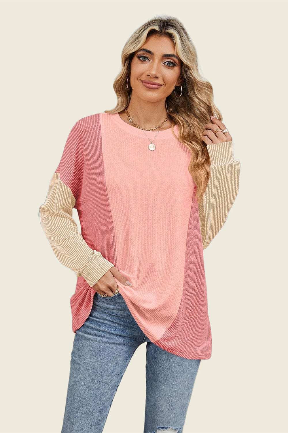 Double Take Texture Contrast Round Neck Long Sleeve T-Shirt - Trendsi - Flyclothing LLC