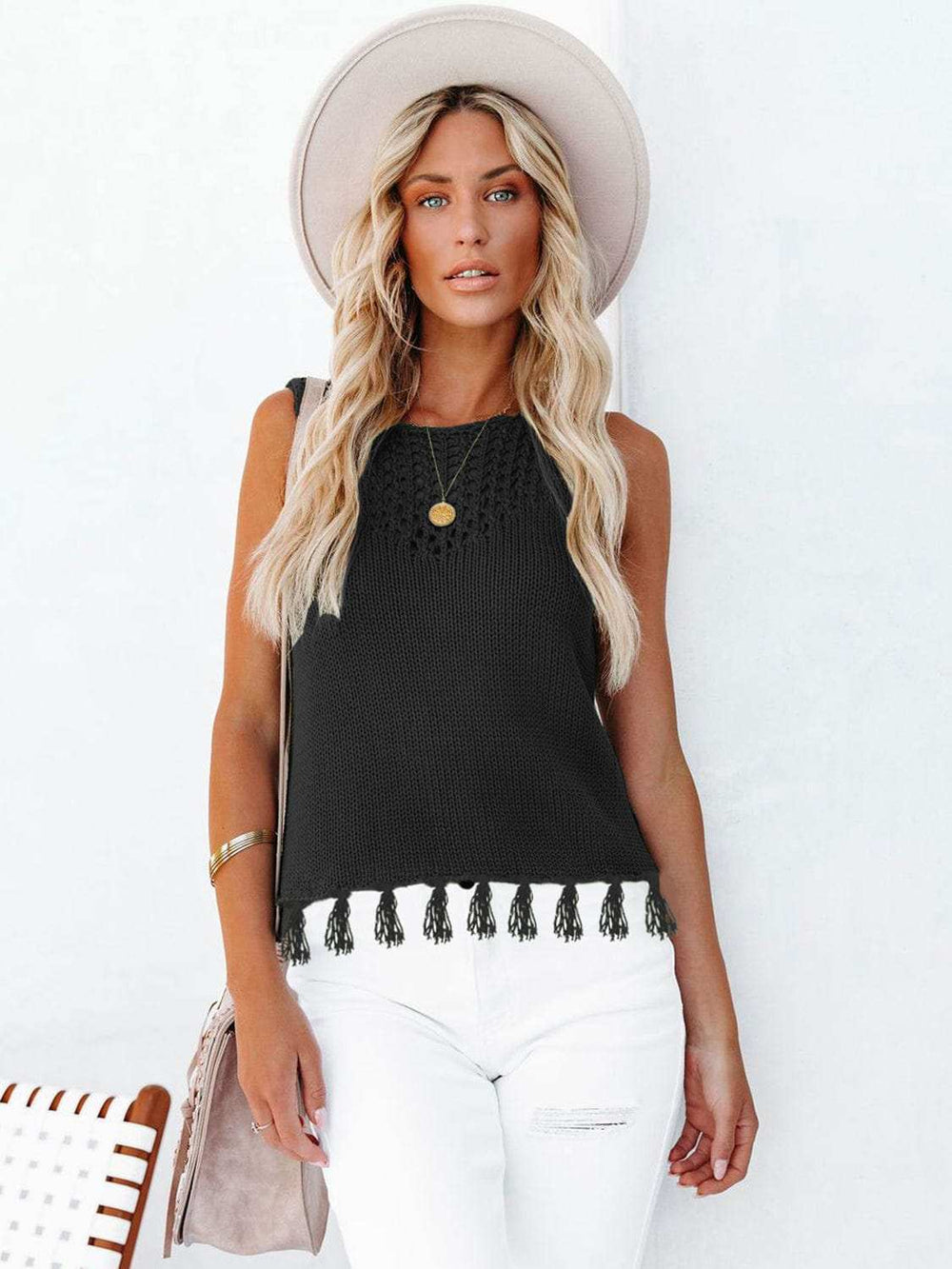 Cutout Tassel Round Neck Tank - Trendsi - Flyclothing LLC