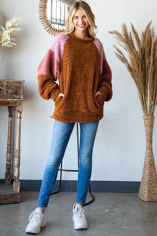 Culture Code Color Block Faux Fur Raglan Sleeve Sweatshirt - Trendsi - Flyclothing LLC