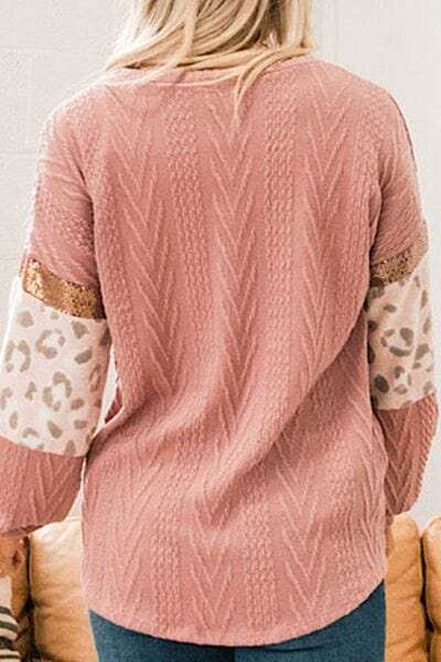 Sequin Leopard Round Neck Long Sleeve Sweater - Trendsi - Flyclothing LLC