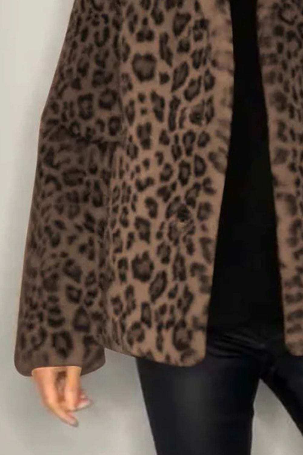 Full Size Leopard Furry Collared Neck Long Sleeve Coat - Trendsi - Flyclothing LLC
