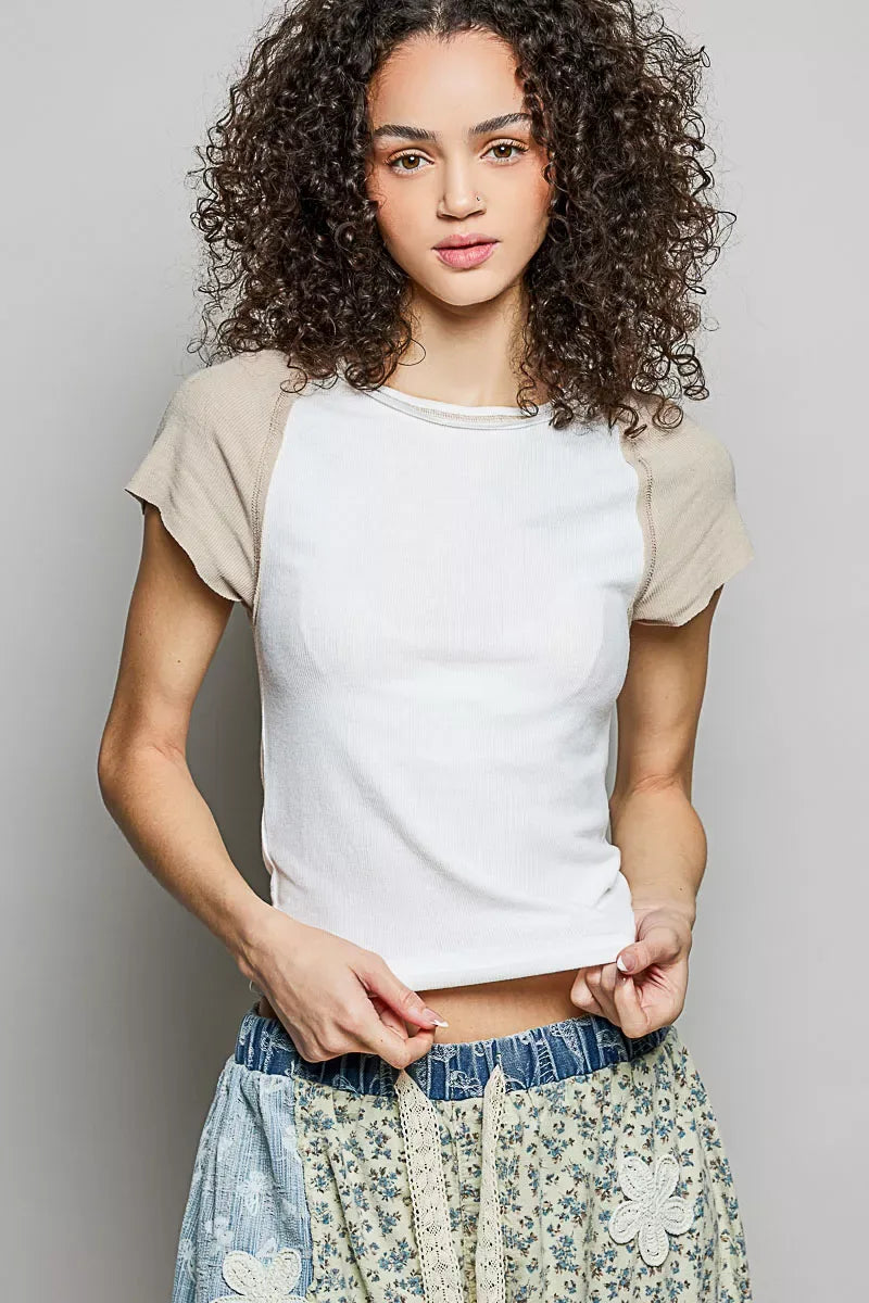 POL Round Neck Outseam Detail T-Shirt with Contrast Color Sleeves - Trendsi - Flyclothing LLC