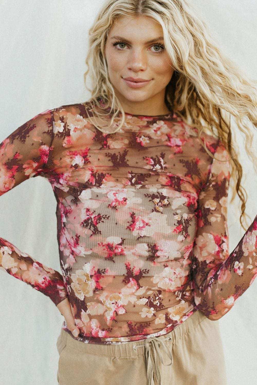 Floral Mock Neck Long Sleeve Sheer Top - Trendsi - Flyclothing LLC