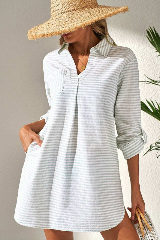 Striped Johnny Collar Long Sleeve Mini Shirt Dress - Trendsi - Flyclothing LLC