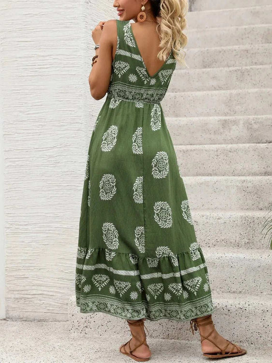 Printed V-Neck Sleeveless Dress - Trendsi - Flyclothing LLC