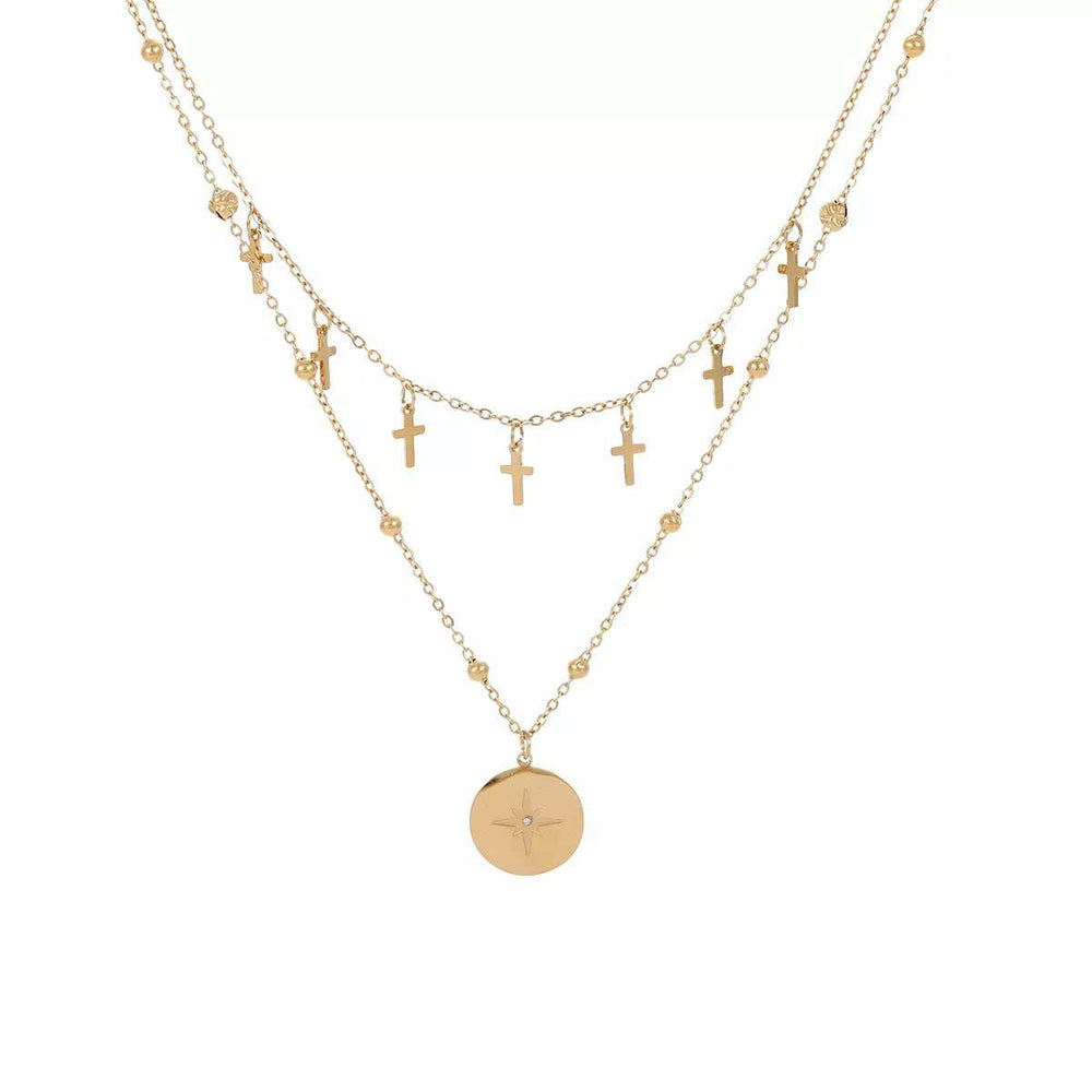 18K Gold-Plated Cross Double Layered Pendant Necklace - Trendsi - Flyclothing LLC