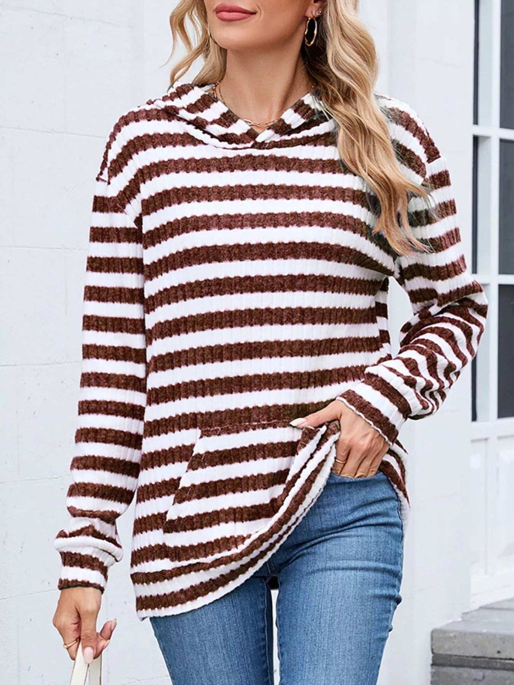 Striped Dropped Shoulder Hoodie - Trendsi - Flyclothing LLC
