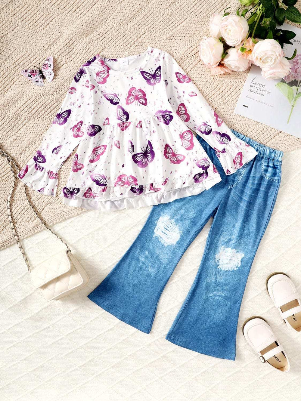 Children's Butterfly Print Top and Flare Pants Set - Trendsi - Flyclothing LLC