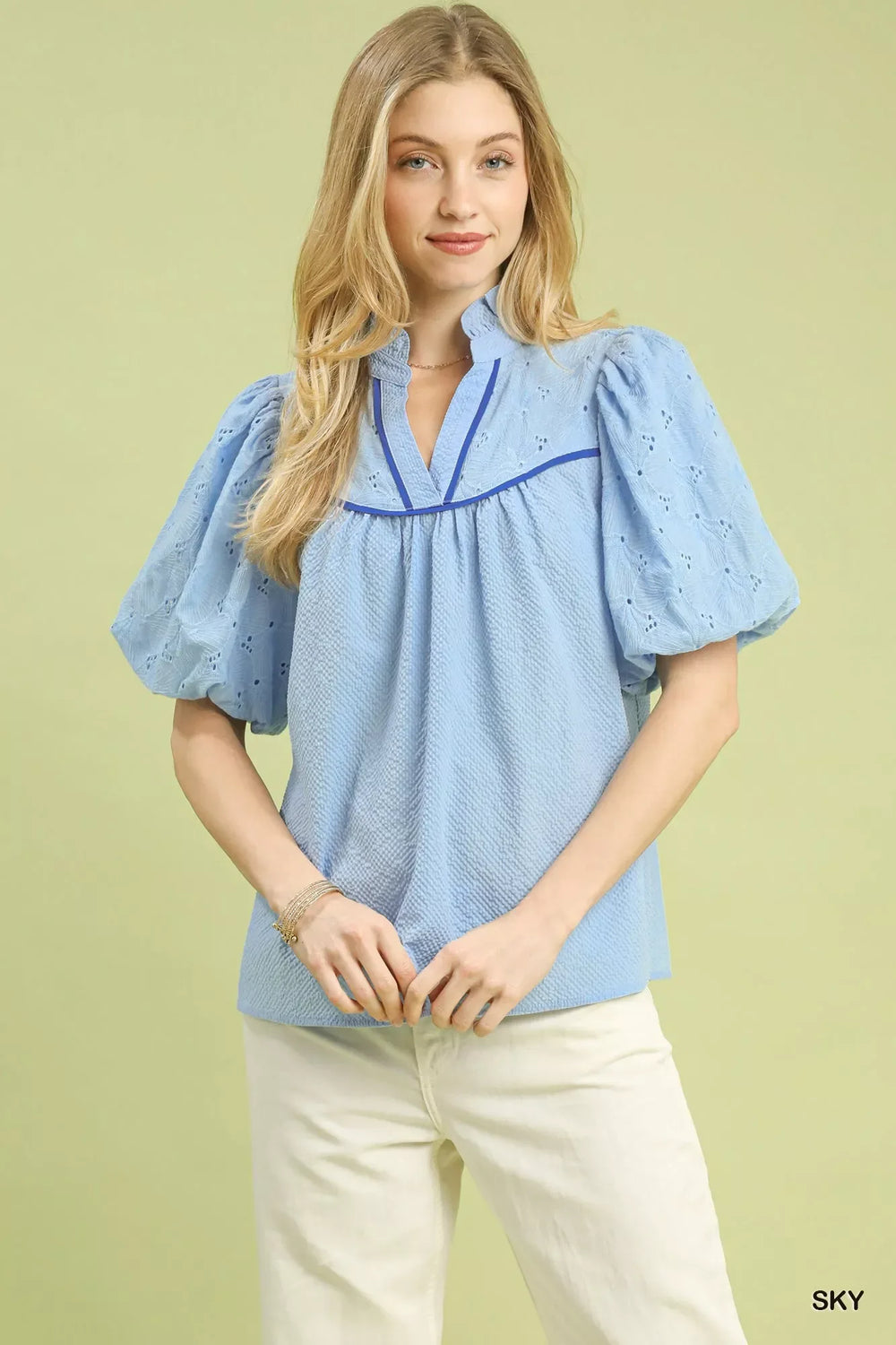 Umgee Puff Sleeve Eyelet Mix Top with Contrast Piping - Trendsi - Flyclothing LLC