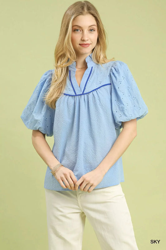 Umgee Puff Sleeve Eyelet Mix Top with Contrast Piping - Trendsi - Flyclothing LLC