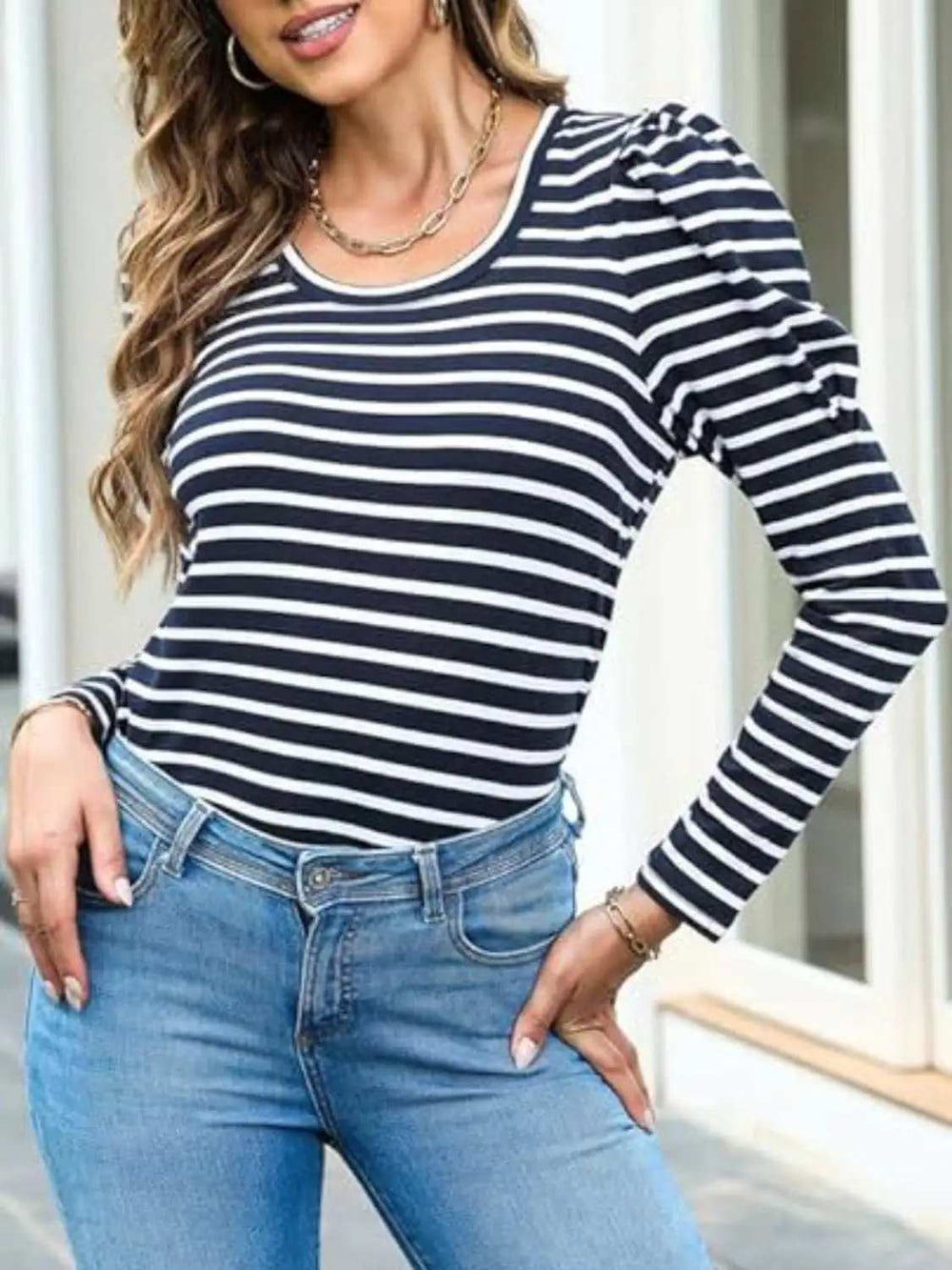 Striped Round Neck Long Sleeve T-Shirt - Trendsi - Flyclothing LLC