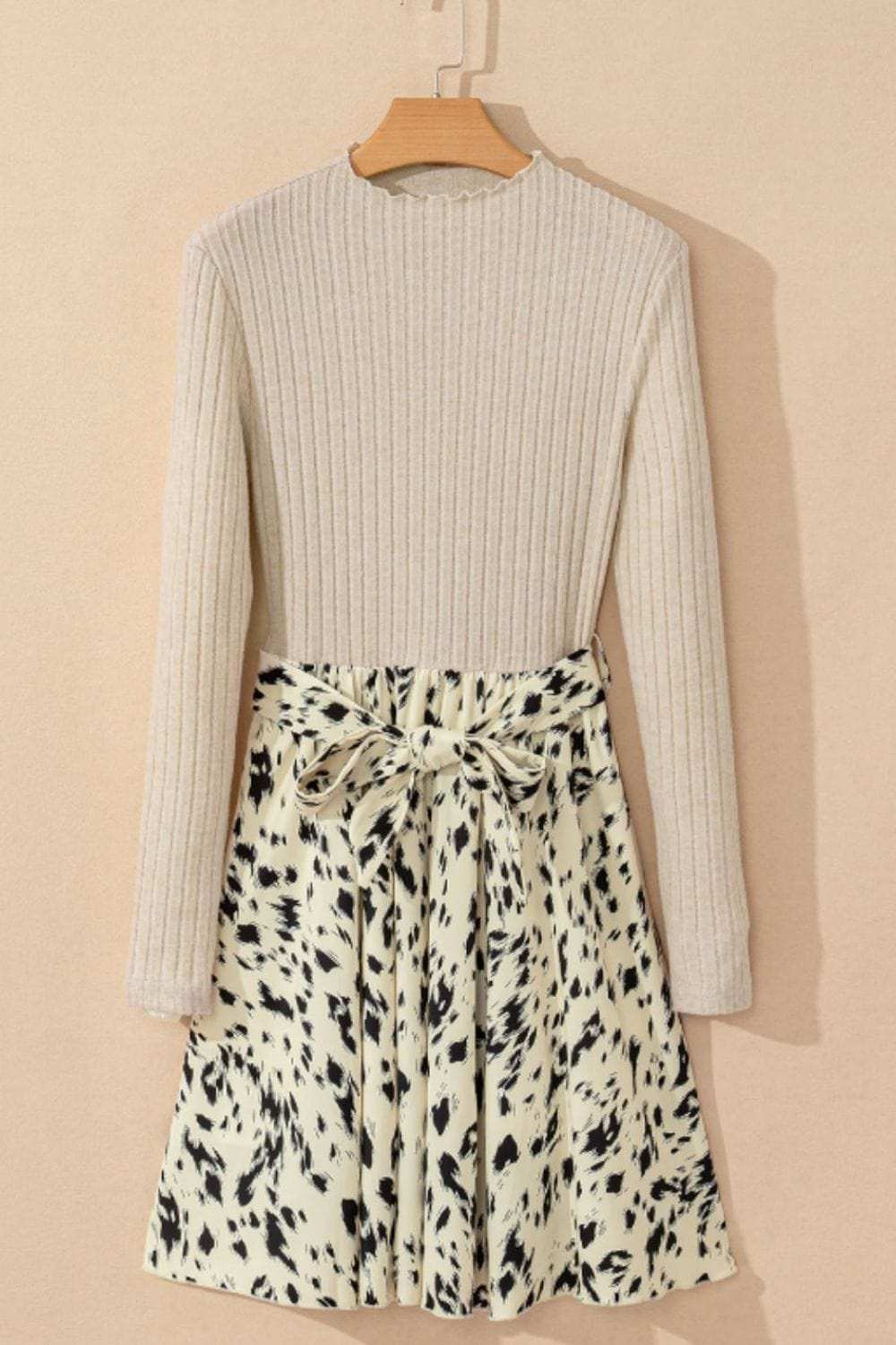 Printed Tie Waist Mock Neck Long Sleeve Dress - Trendsi - Flyclothing LLC