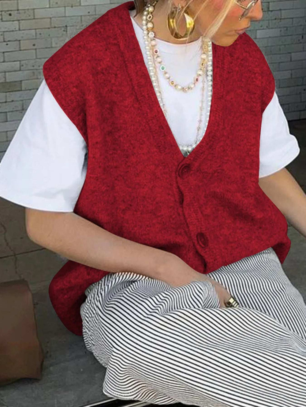 Button-Front Sweater Vest - Trendsi - Flyclothing LLC