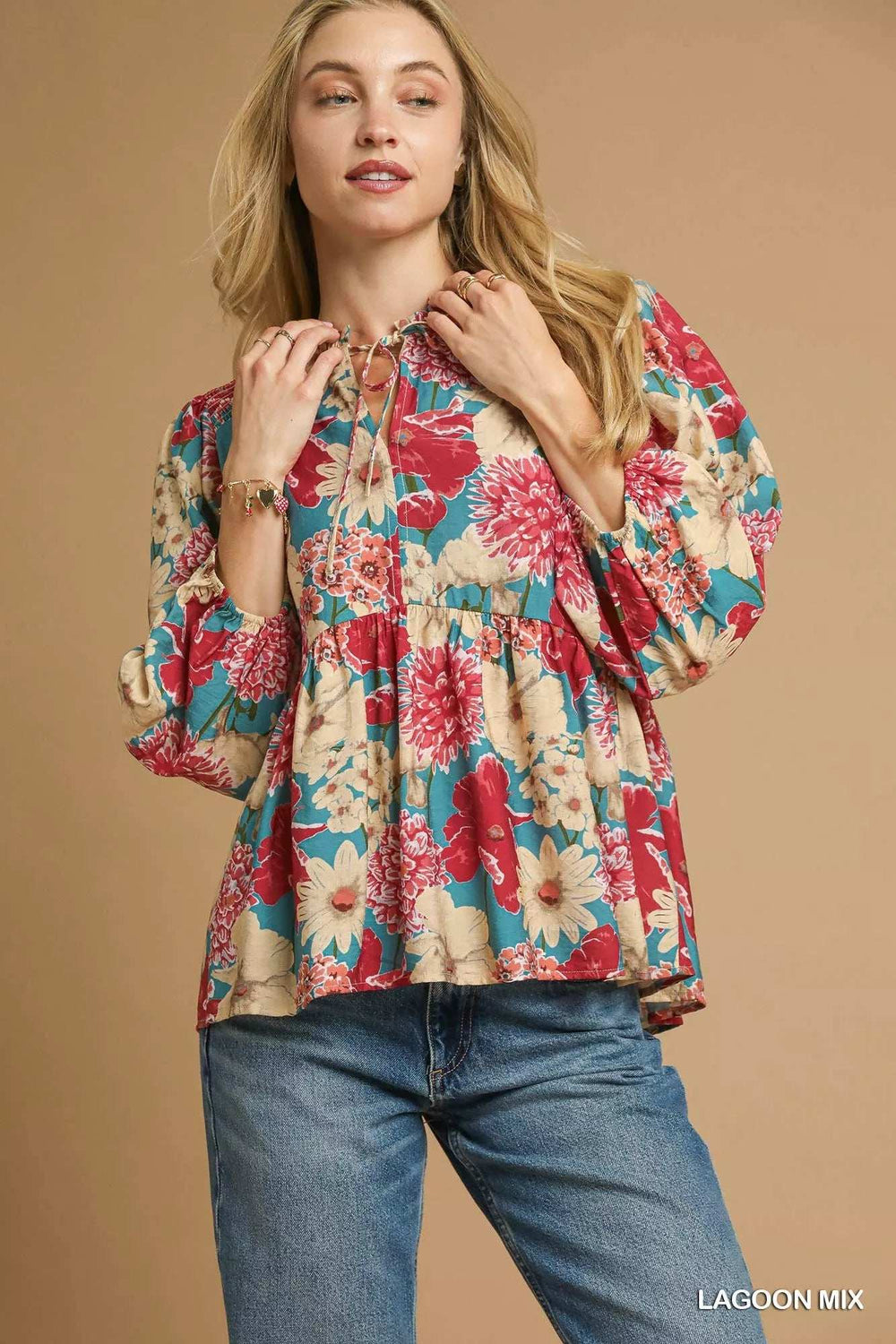 Umgee Mix Floral Peplum Blouse with Tie Neck - Trendsi - Flyclothing LLC