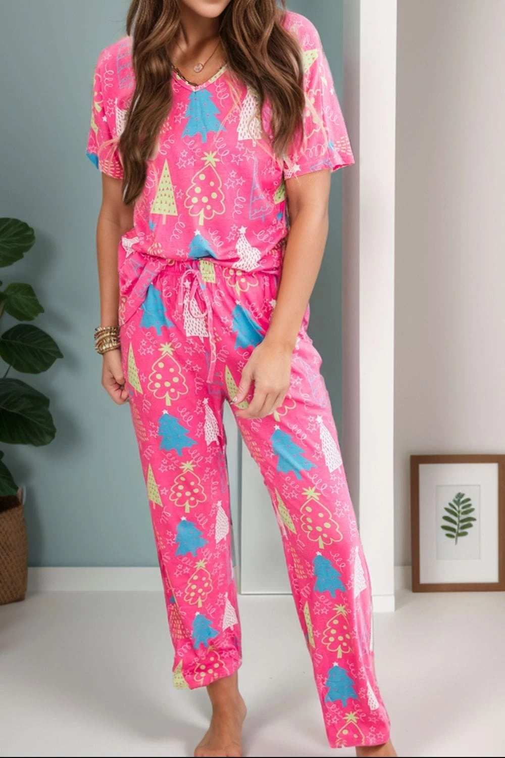 Printed V-Neck Short Sleeve Top and Pants Lounge Set - Trendsi - Flyclothing LLC