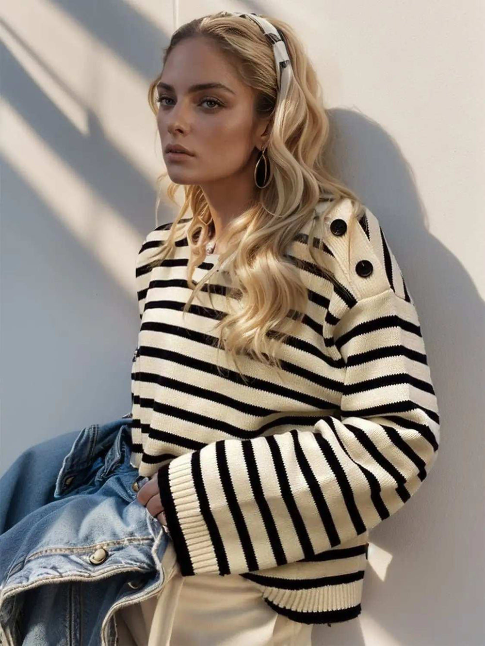 Striped Round Neck Long Sleeve Knit Top - Trendsi - Flyclothing LLC