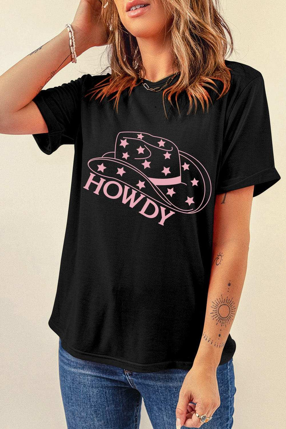 HOWDY Round Neck Short Sleeve T-Shirt - Trendsi - Flyclothing LLC