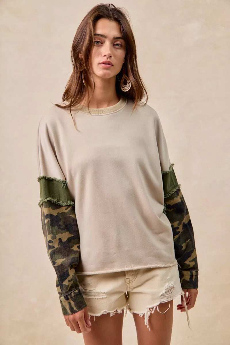 BiBi Camo Sleeve French Terry Top with Frayed Edge - Trendsi - Flyclothing LLC