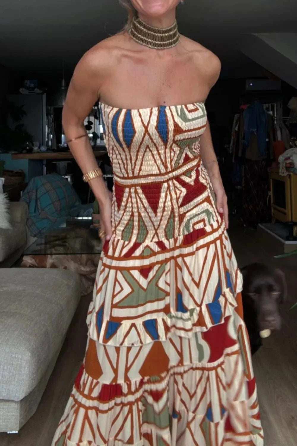 Smocked Printed Tube Dress - Trendsi - Flyclothing LLC