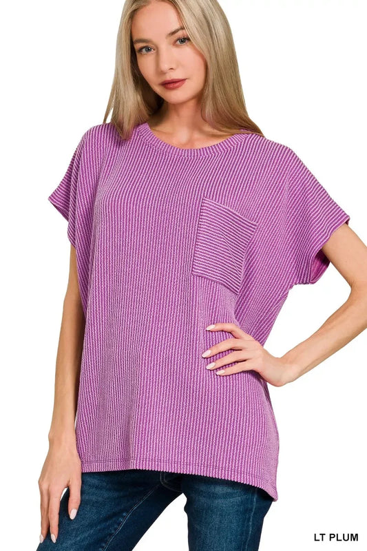 Zenana Raised Rib Front Pocket Boxy Top - Trendsi - Flyclothing LLC