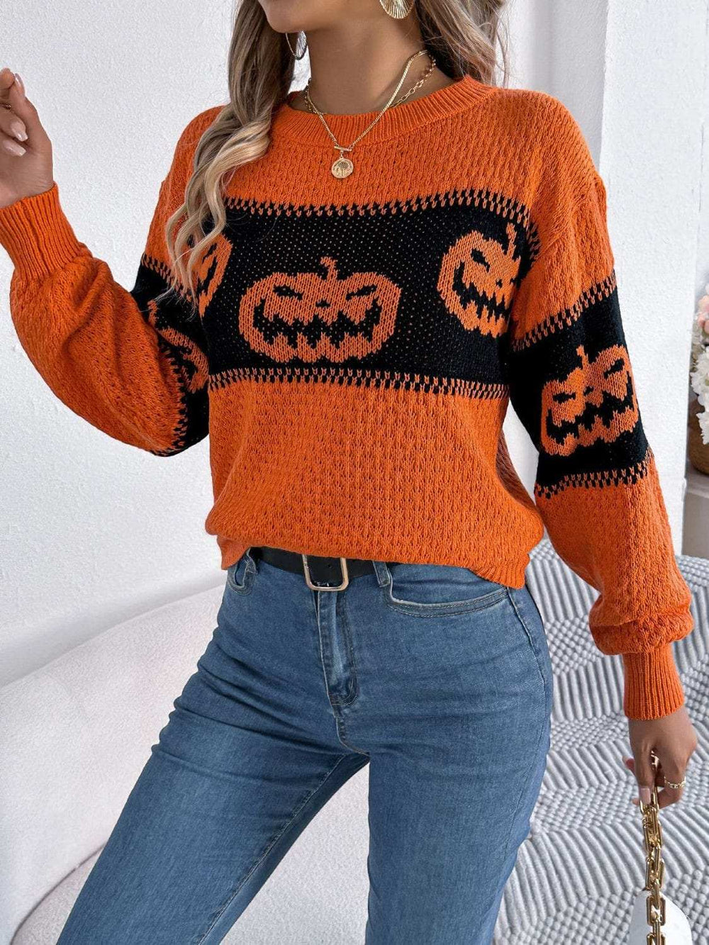 Pumpkin Round Neck Long Sleeve Sweater - Trendsi - Flyclothing LLC