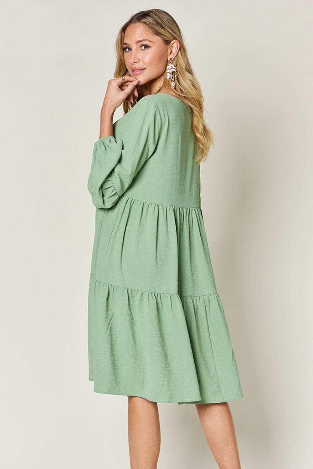 Double Take Full Size V-Neck Balloon Sleeve Tiered Dress - Trendsi - Flyclothing LLC