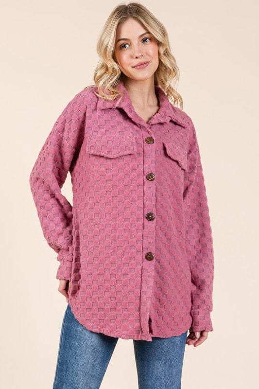 BOMBOM Checkered Button Down Dropped Shoulder Shacket - Trendsi - Flyclothing LLC