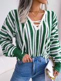 Striped Lace-Up Long Sleeve Sweater - Trendsi - Flyclothing LLC