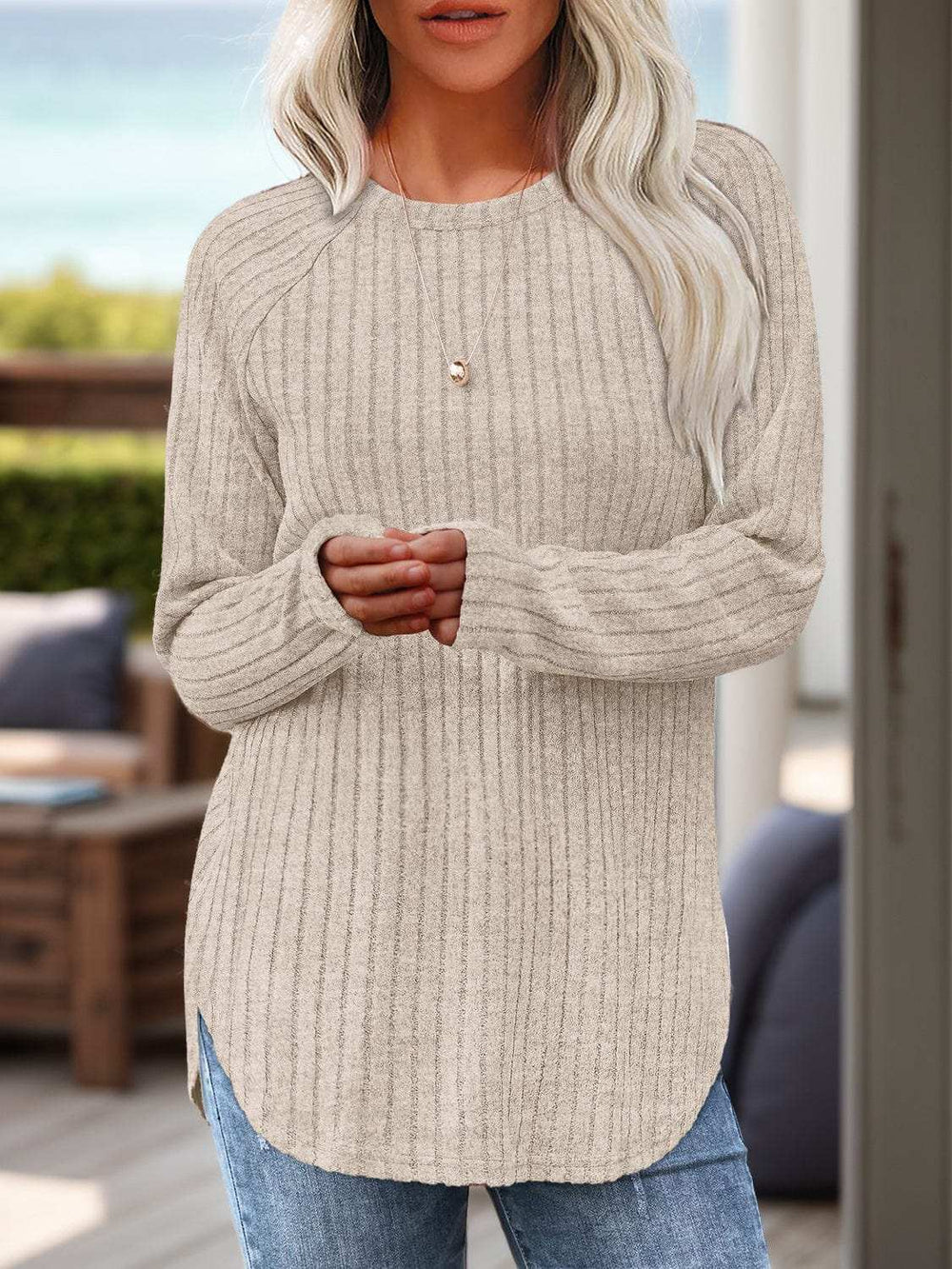 Round Neck Raglan Sleeve T-Shirt - Trendsi - Flyclothing LLC