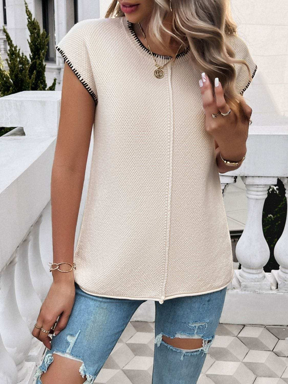 Round Neck Cap Sleeve Knit Top - Trendsi - Flyclothing LLC