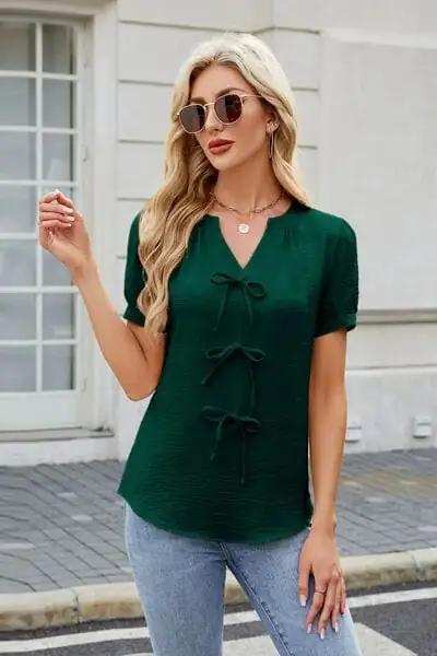 Notched Short Sleeve Blouse - Trendsi - Flyclothing LLC