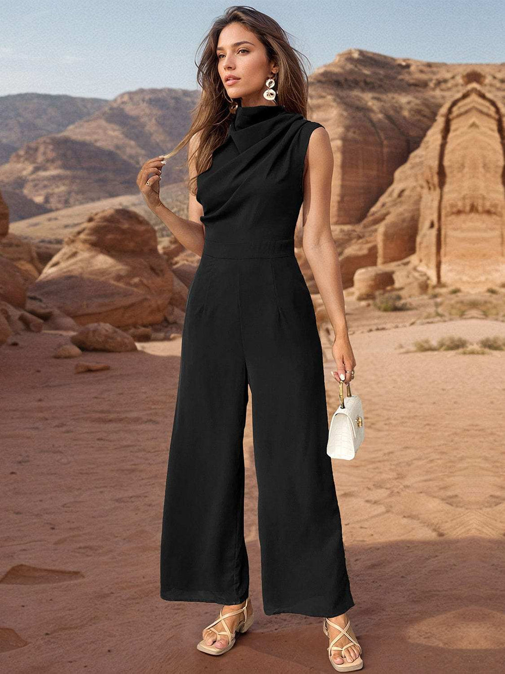 Ruched Mock Neck Sleeveless Jumpsuit - Trendsi - Flyclothing LLC