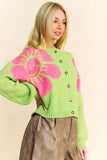 Davi & Dani Flower Contrast Round Neck Long Sleeve Cardigan - Trendsi - Flyclothing LLC