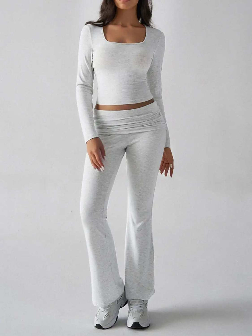Devine Square Neck Long Sleeve Top and Pants Set - Trendsi - Flyclothing LLC