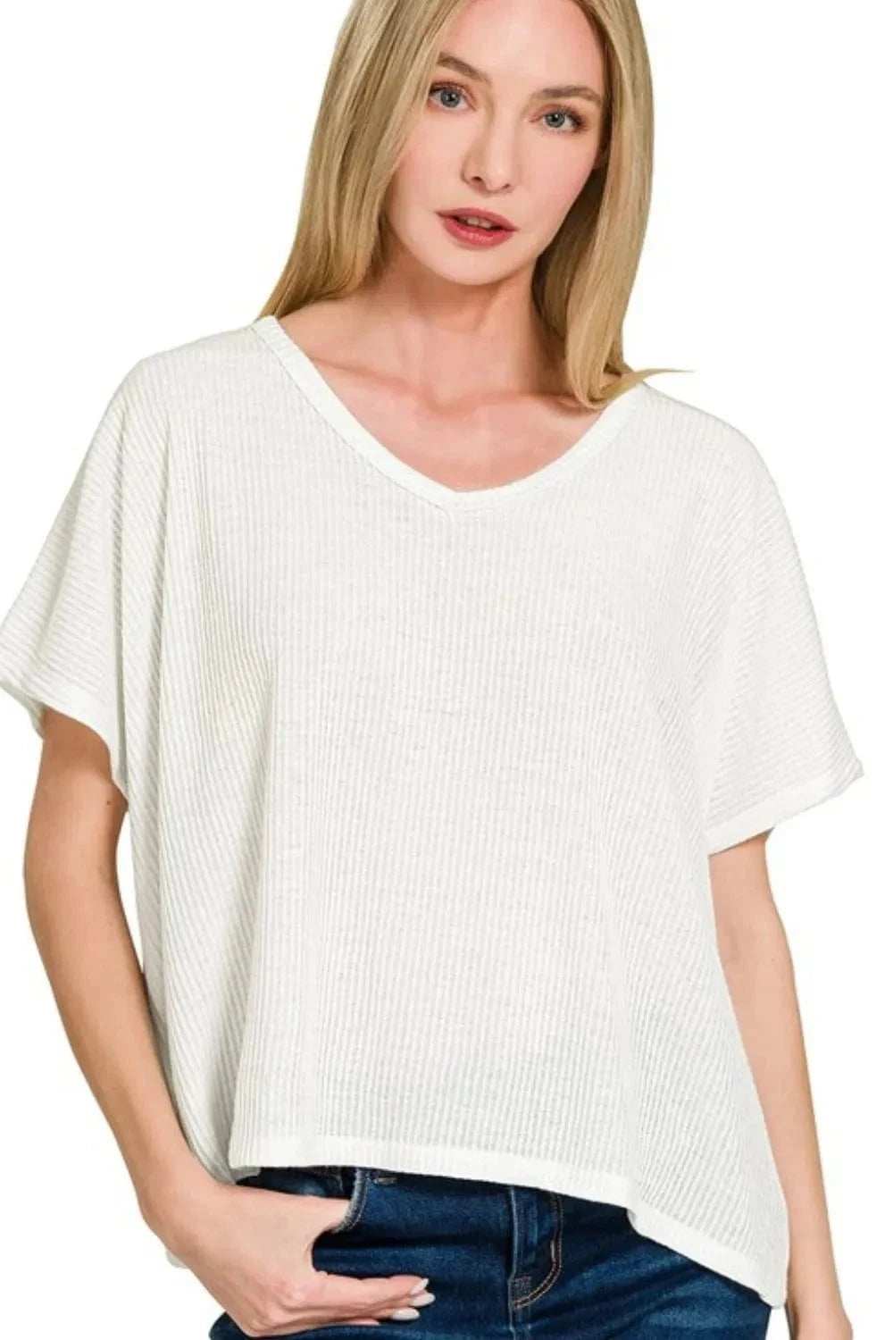 Zenana Ribbed V-Neck Short-Sleeve Knit Top - Trendsi - Flyclothing LLC